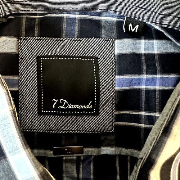 7 Diamonds Midnight Love Affair Button Down Navy Blue Plaid Men's Slim M Shirt - Picture 15 of 16
